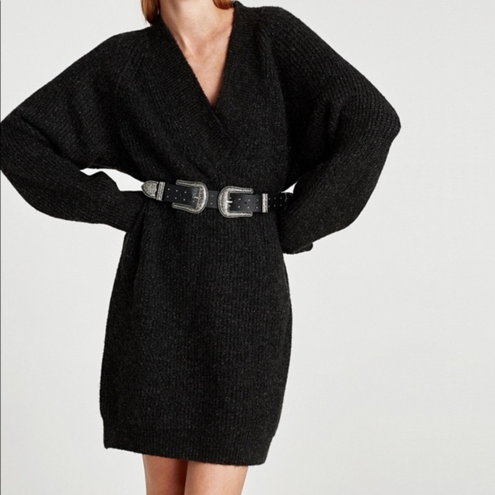 Zara Charcoal Knit Oversized Long Sleeve Sweater Dress, M